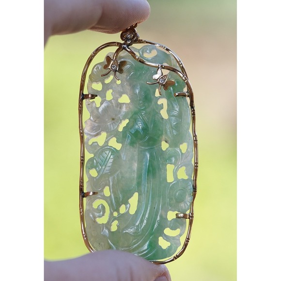 Antique 14k Solid Gold Natural Untreated Jadeite Jade & Diamond Pendant 28g - Picture 10 of 14